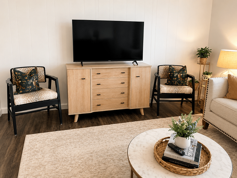 Comfortable living room with smart TV for streaming