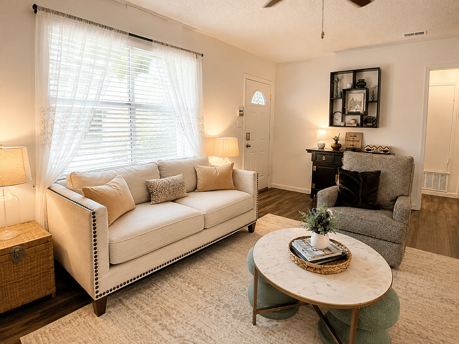 Large window providing natural light in the living room
