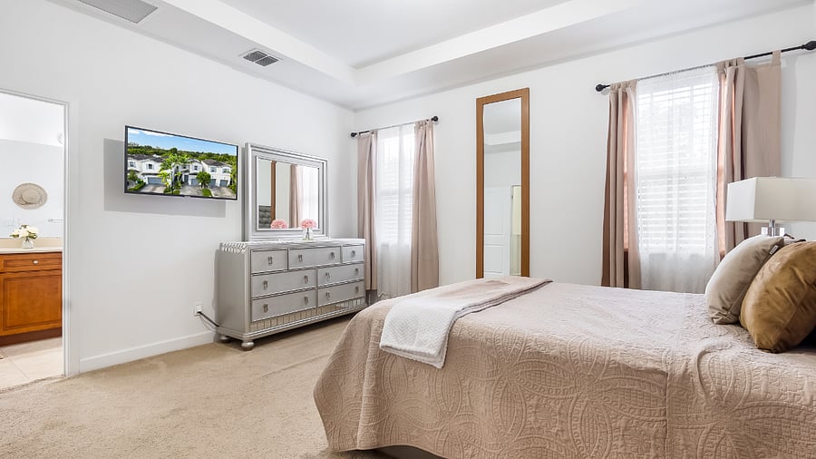 Flat screen Smart Tv, full body mirror, and fresh, clean, carpet