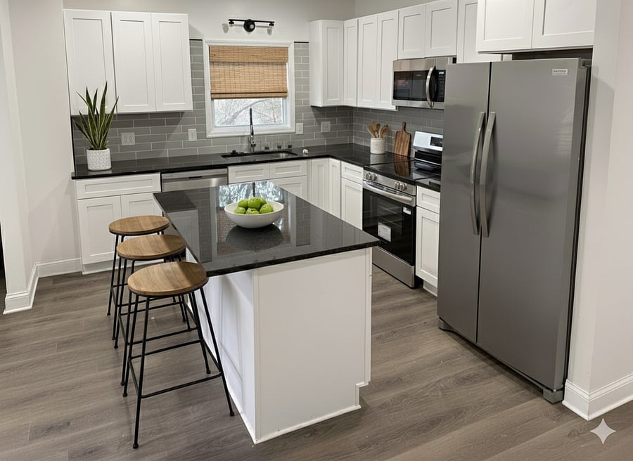 Modern white kitchen with island and black tops!!