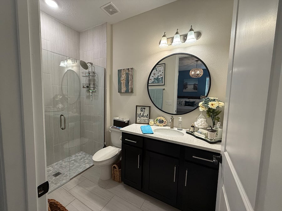 Full private bathroom is attached to bedroom.