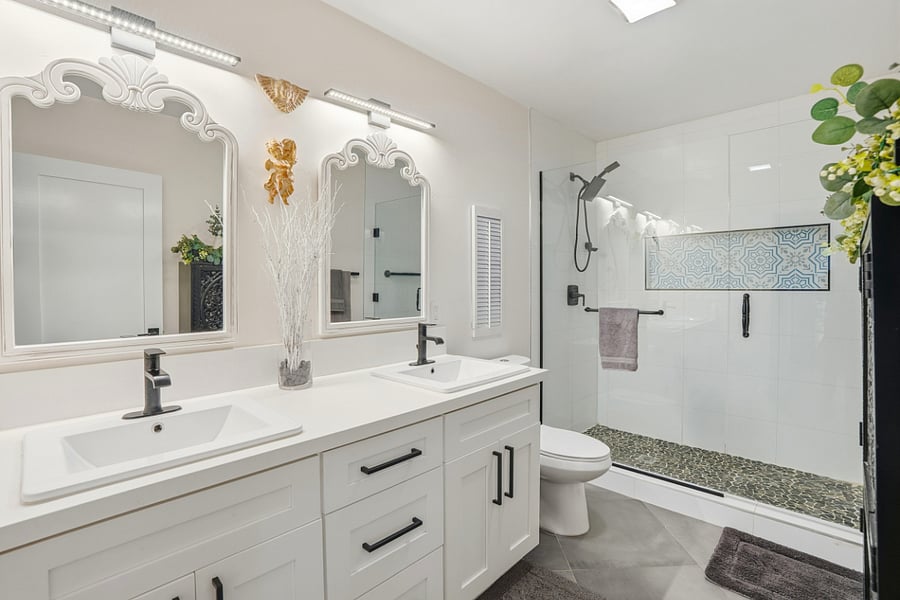 Master bath, rain shower with handle, glass doors, double sinks