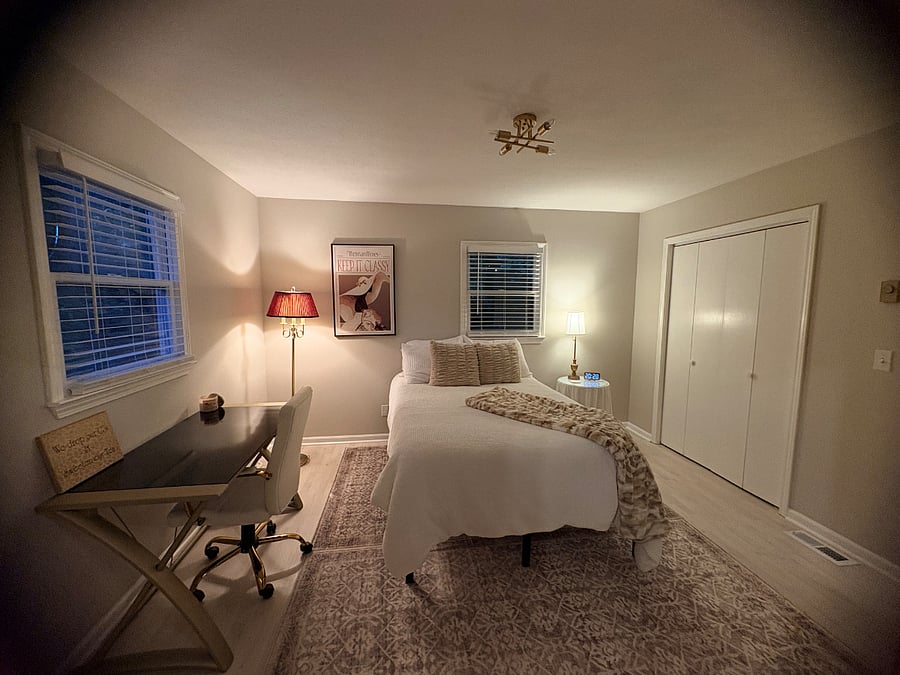 Full bedroom from bathroom