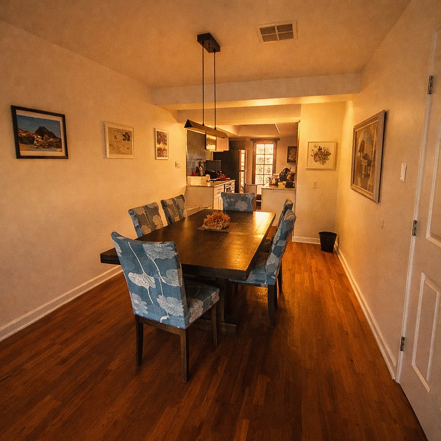 Dining room with custom chandelier adjusts color temperature and brightness at the push of a button.