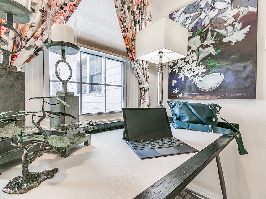 Modern work desk is a favorite spot for guests.