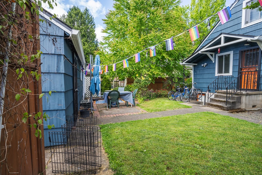 Liberty House backyard, with stairs to separate entrance for owner.