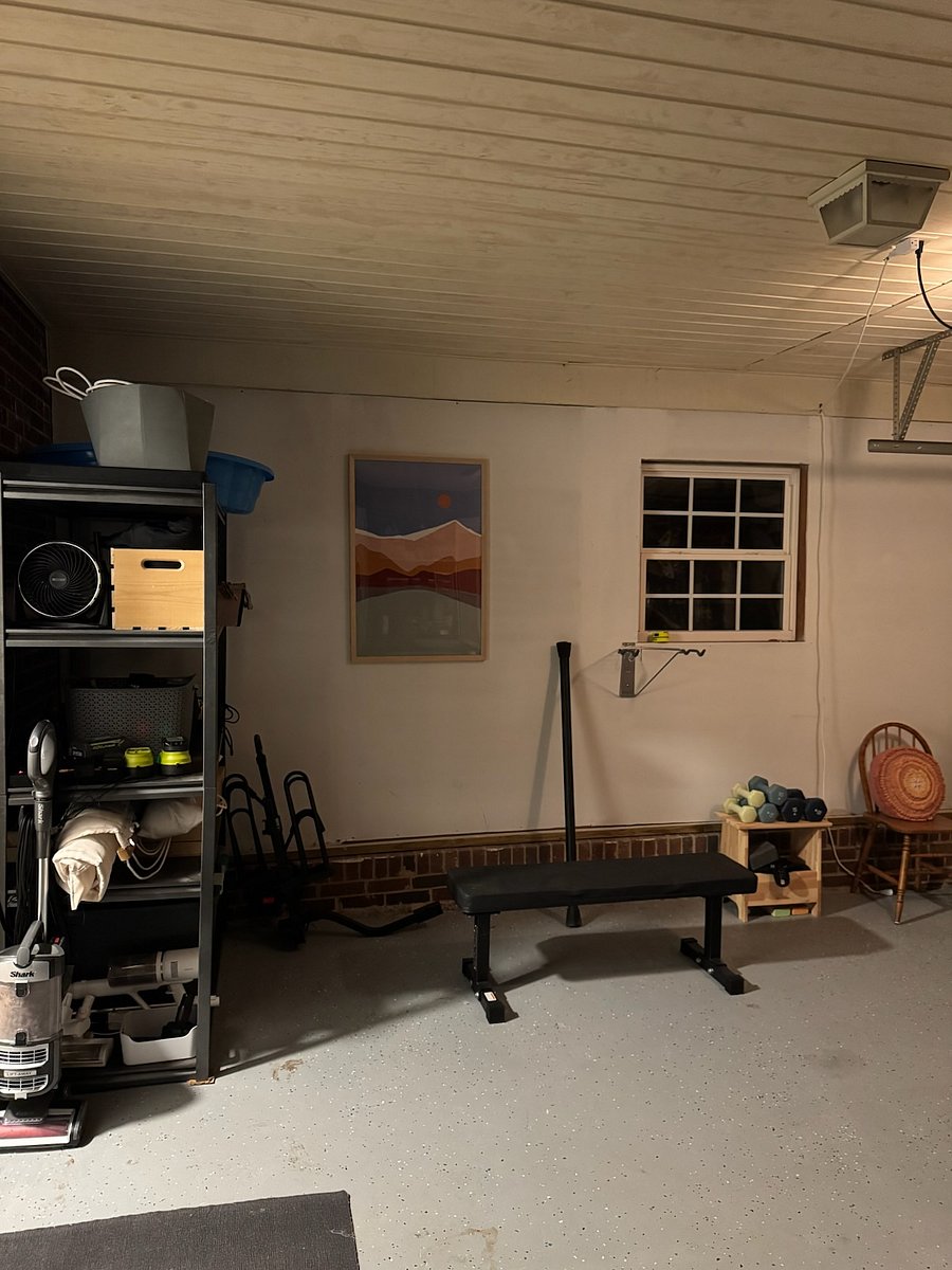 Bike rack, spike ball, bocce ball, giant yard jenga, corn hole, box fan, work-out bench and hand weights, garage storage space available