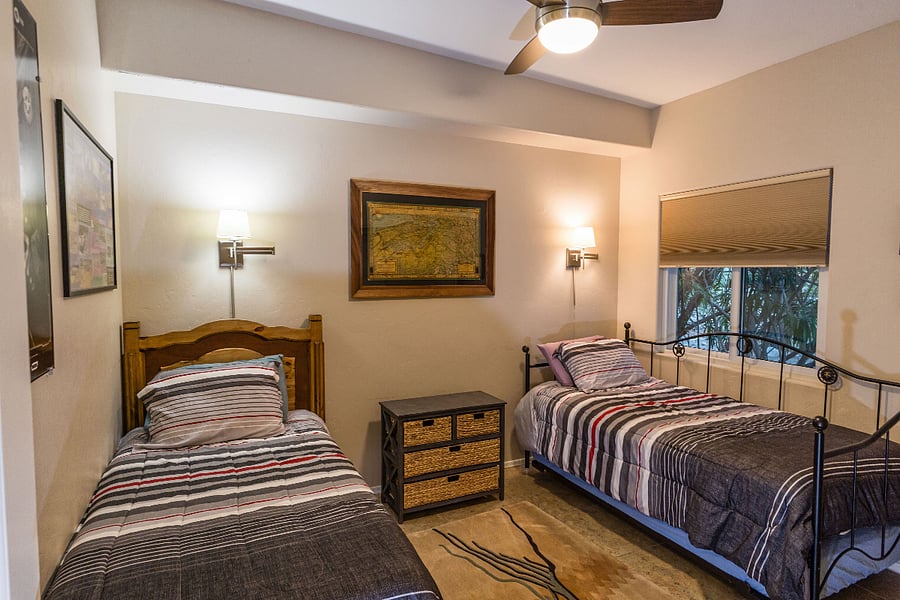 2 or 3 twins, or can be converted to king bed, has full closet, black out shades