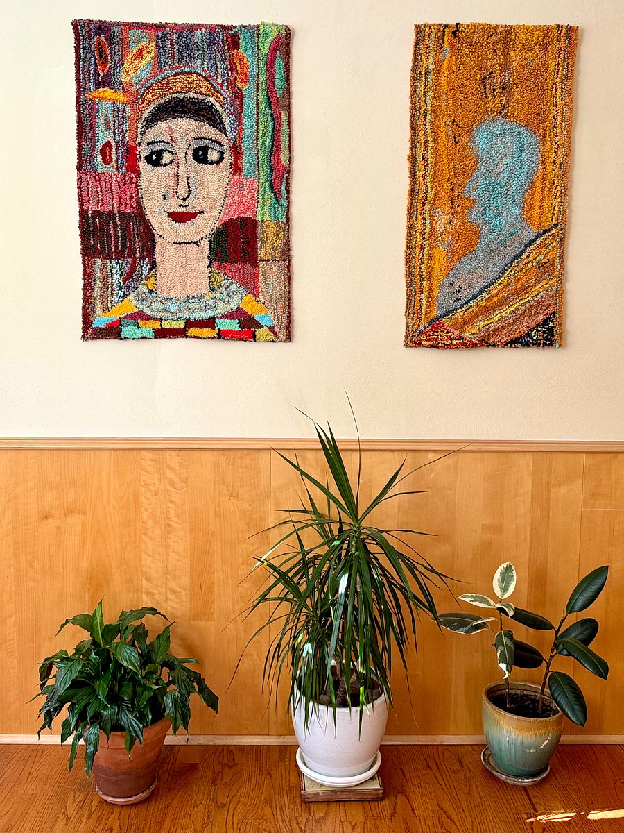 My grandfather was a writer who taught himself the art of rug-hooking in the 1960s to help him deal with writer's block. These are two of his pieces. 