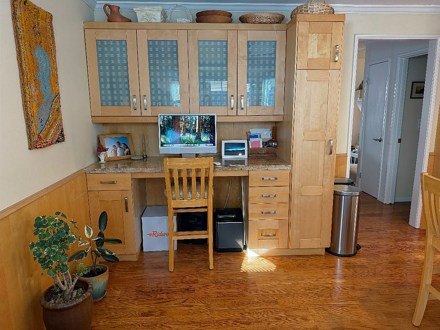 Underneath the desk is a Ridwell box. They recycle things that usually get thrown in a landfill. It's a great service. The black box is a FoodCycler, which grinds and dehydrates food scraps for use in the garden.