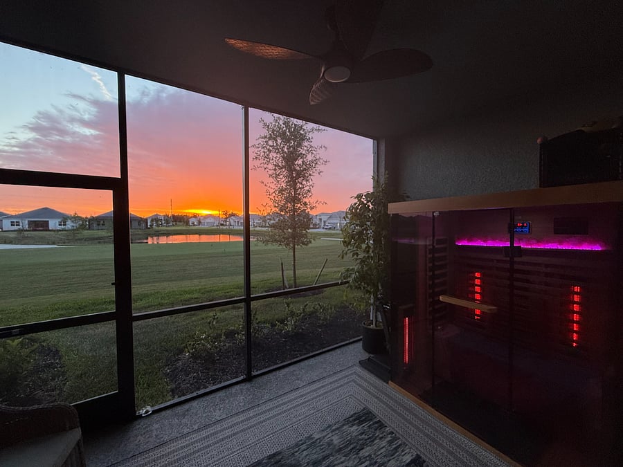 We can set this up as with chairs to watch nightly sunset or we can set it up as a mini workout area with light weights. walking pad and vibration board. DM us your preference and we'll set it up for you!
