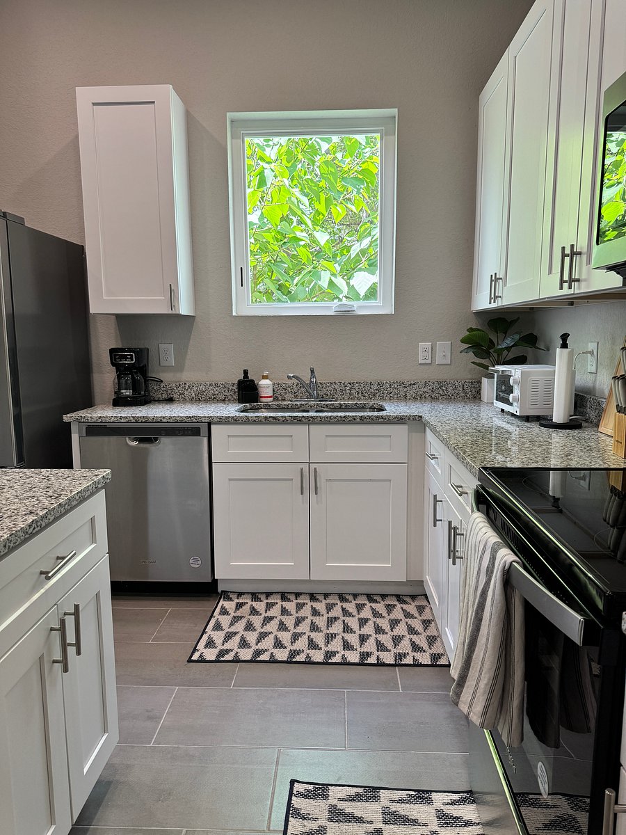 Kitchen comes equipped with essentials for cooking:
1) coffee maker
2) toaster oven
3) pots/pans
4) dishes, glasses
5) cutlery