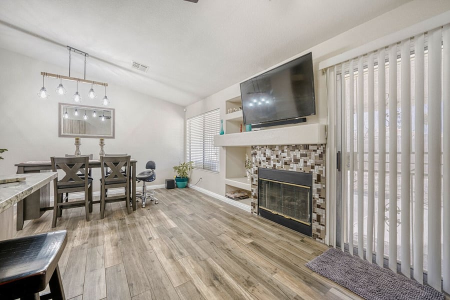 Dining room with gas fireplace