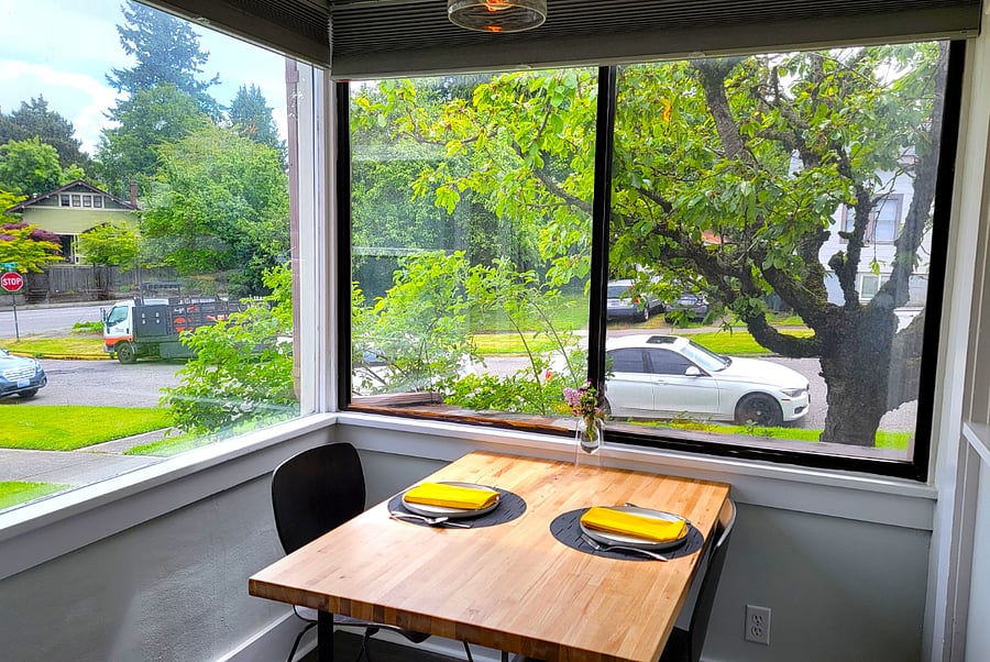 Cheery eating nook. Also great for an office work space