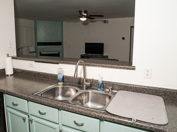 Kitchen looking into living area