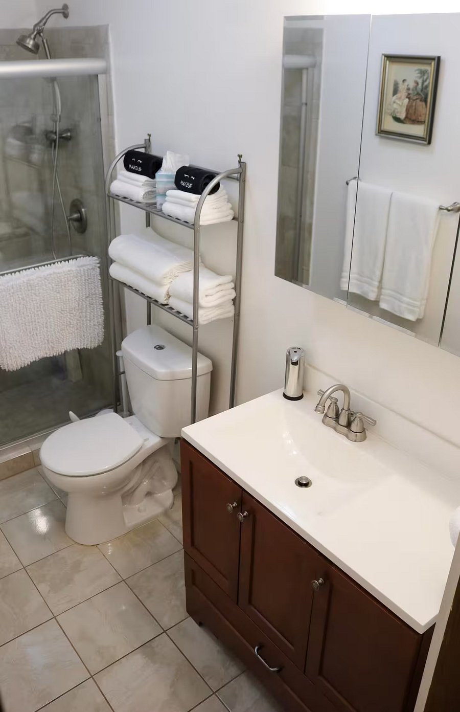 The bathroom is clean and bright and has a baseboard heater and exhaust fan for comfort. First Aid Kit, Feminine Supplies, Cotton Swabs, Hair Dryer, and a Steamer are in the vanity.