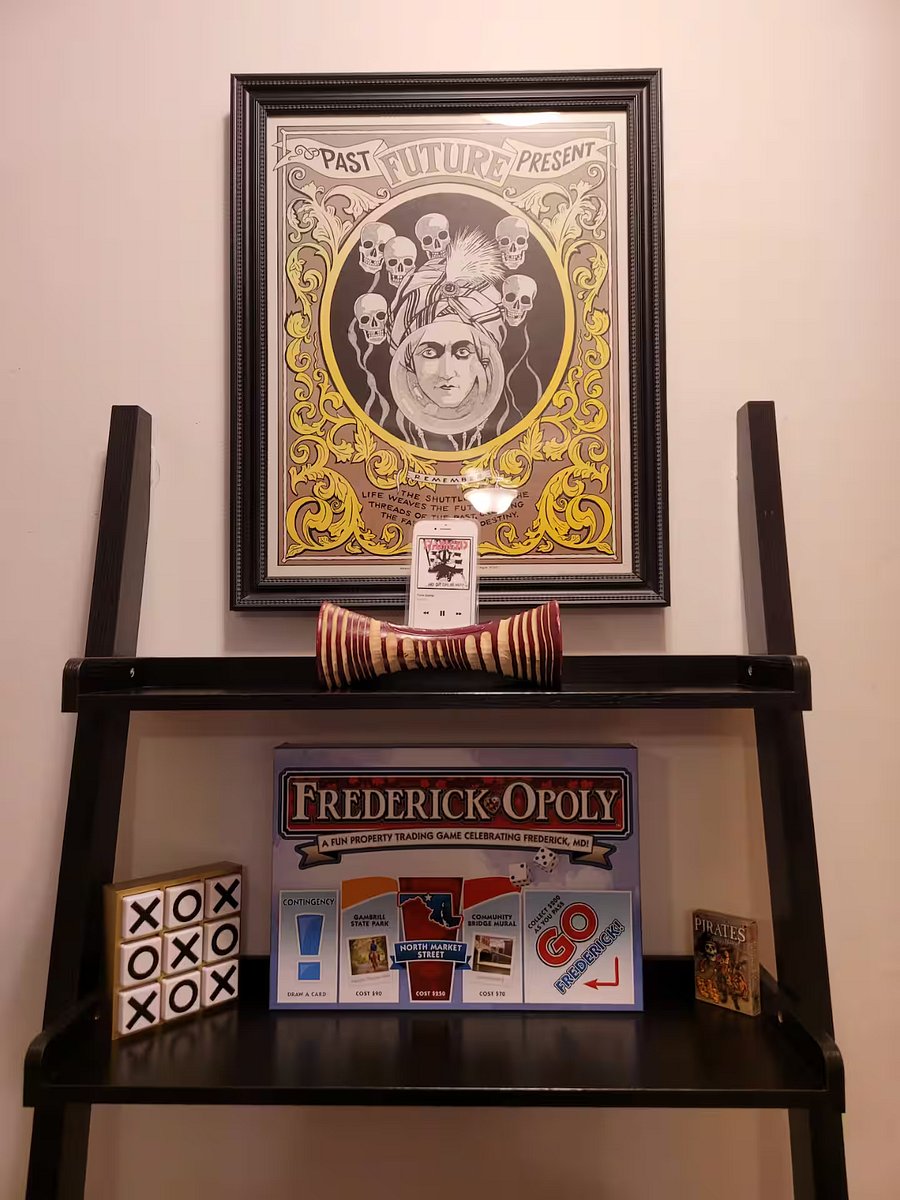 We added Frederick-Opoly, cards, and Tic-tac-toe ;)
The item on the top shelf is a natural speaker (just replace the laminated example with your phone)