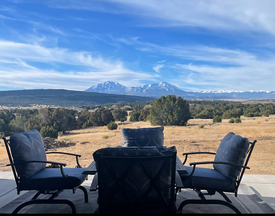 View of the Spanish Peaks from the Casita courtyard.