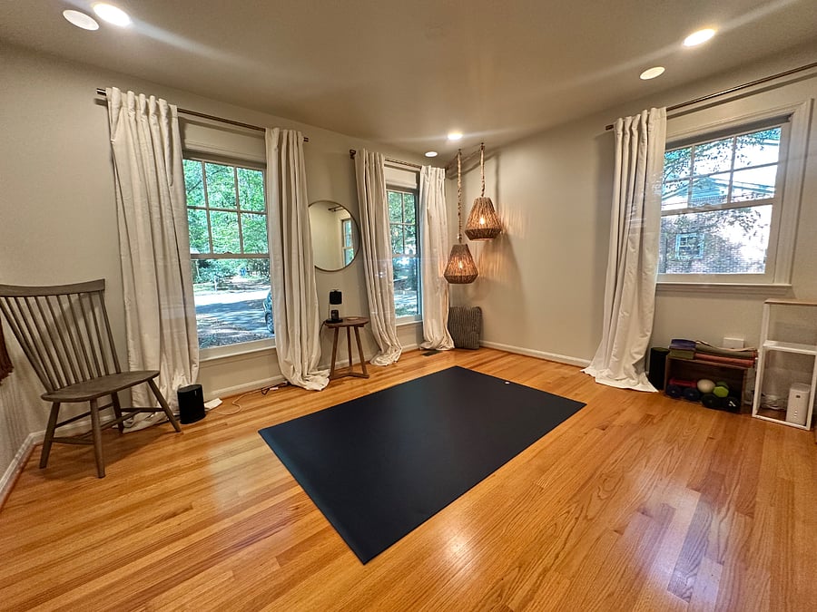 Located on the first floor, this flex room can be setup either as a yoga room or as a 6th bedroom with a queen bed.