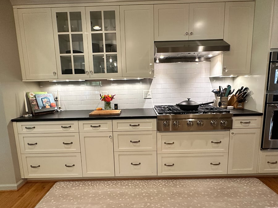 Six burner stove top, microwave, range, and beverage station.