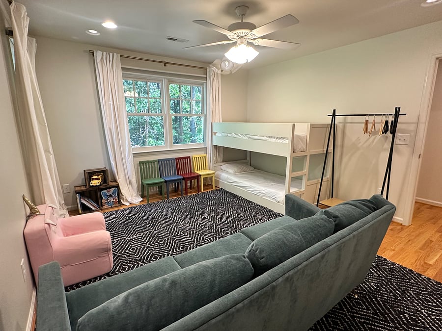 Bunk Room; two twin bunks, your favorite books & toys. We have a pack n play, high chair, and booster seat as well.