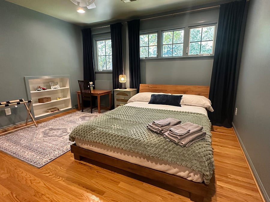 The Blue Room - Located on the second floor, this bedroom has a Queen Bed, blackout drapery, & all the cozy amenities.