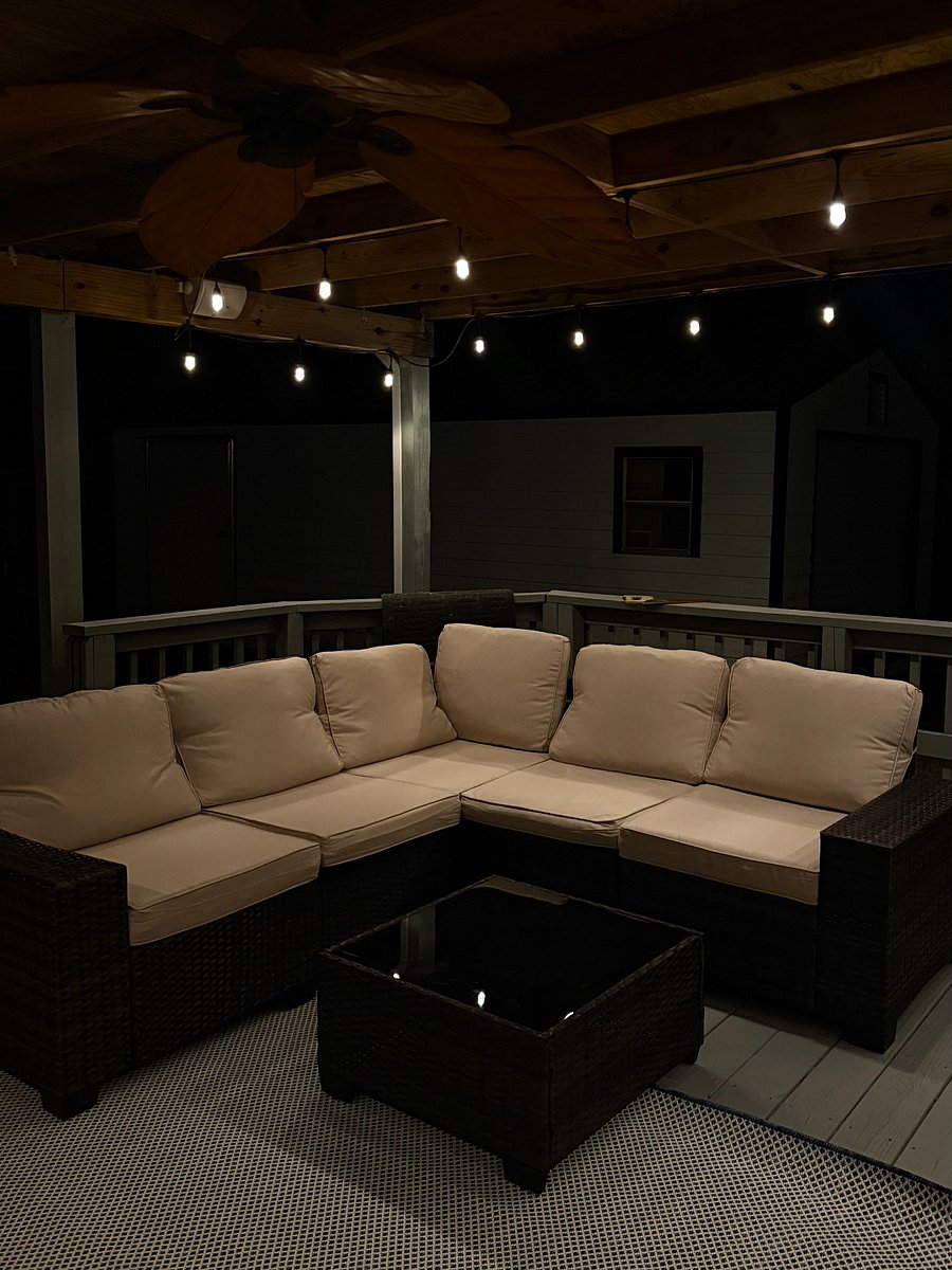 Outdoor lounge area at night