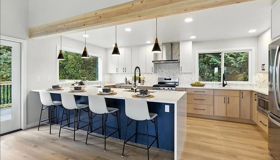 Kitchen (fridge, microwave, dishwasher, gas stove range, main sink, prep sink, quartz counter tops, plates/utensils/cookware).