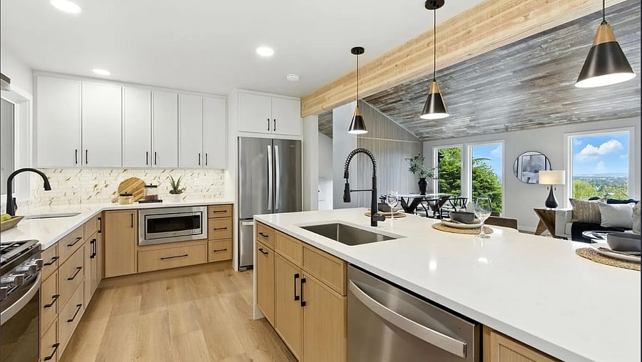 Kitchen (fridge, microwave, dishwasher, gas stove range, main sink, prep sink, quartz counter tops, plates/utensils/cookware).