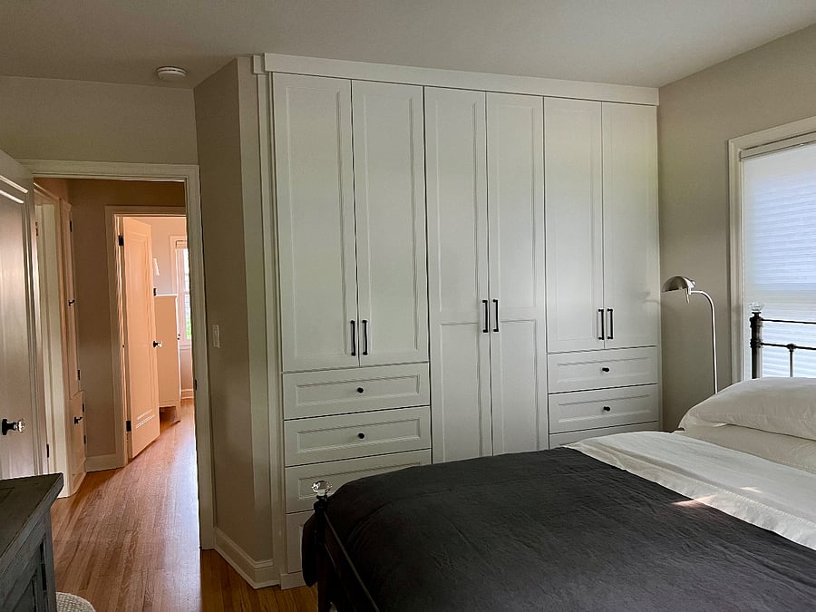 New: Built-in closet- Hanging space, drawers and shelving.