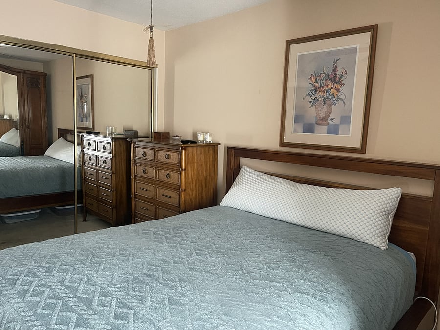 Large wall closet, 5 drawer chest of drawers. Plus, room for storage in a large Armoire.