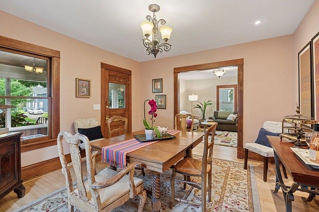 Dining room with lots of windows and light.