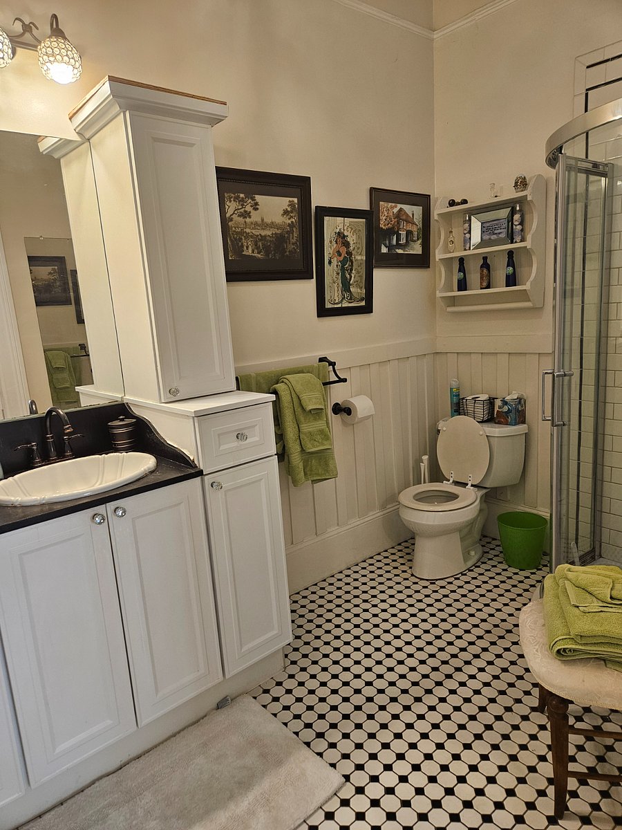 Plenty of storage in the bathroom.