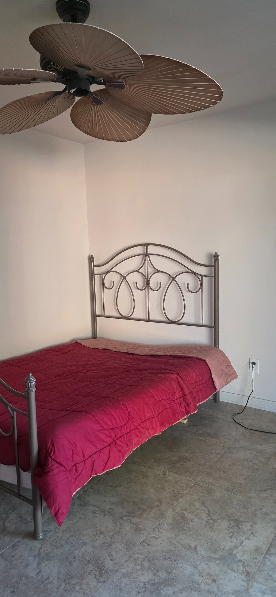 Small, off back yard, big closet, sliding door, light, under covered area.