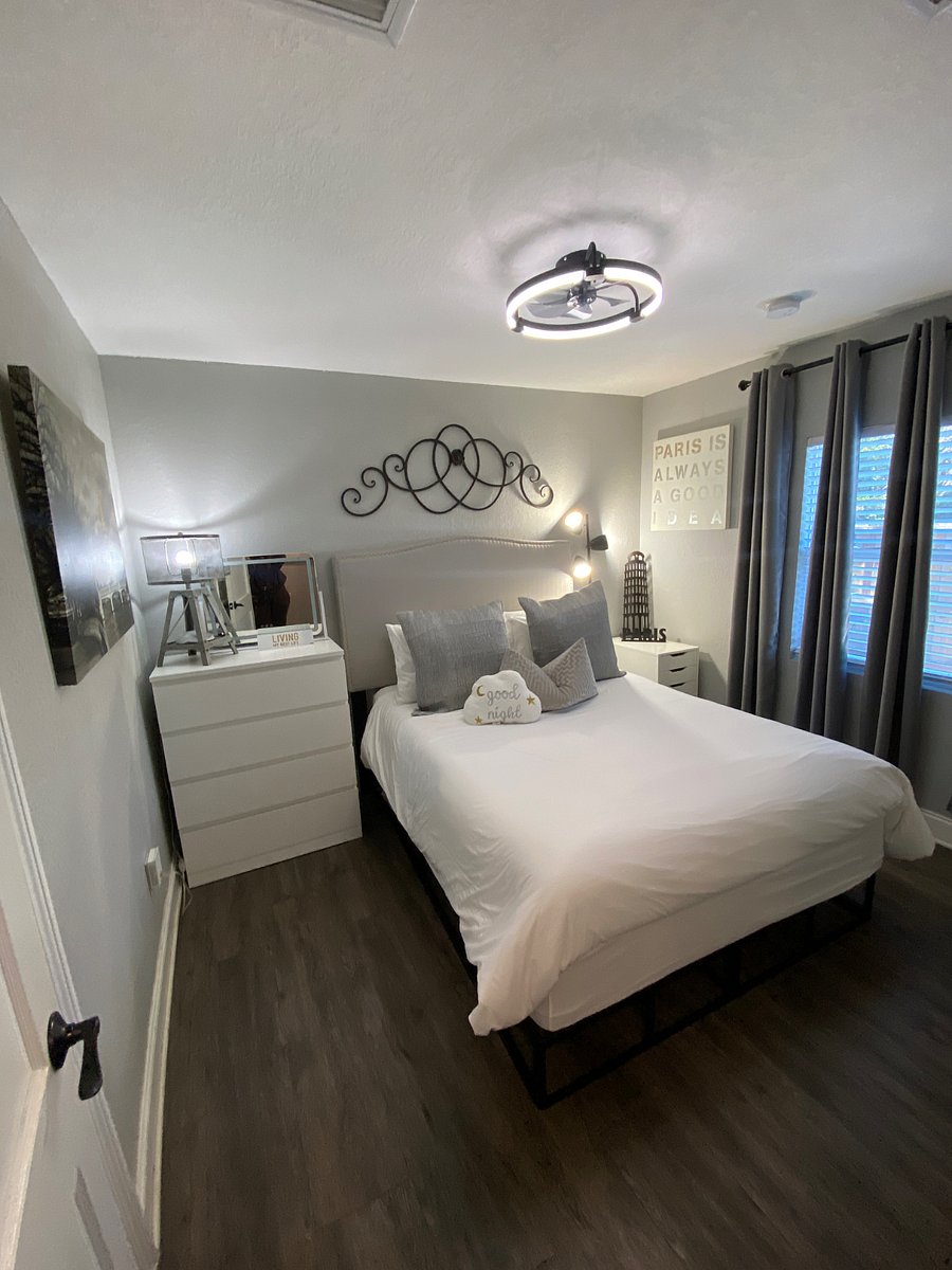 Bedroom 2 has a queen bed , closet, dresser & flat screen tv