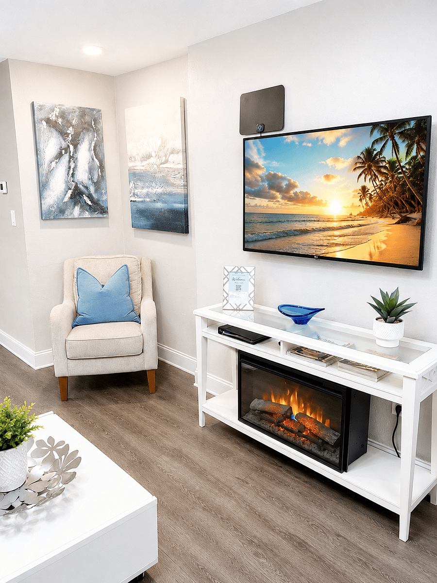 Living room has a couch 2 occasional
Chairs fireplace flat screen smart tv and coffee table