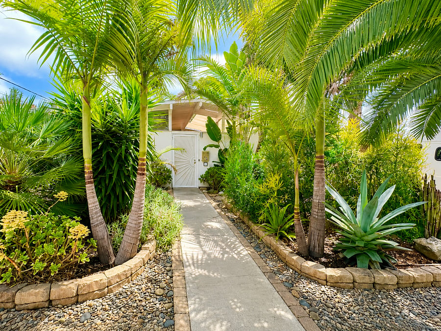 A lush tropical garden welcomes you home.