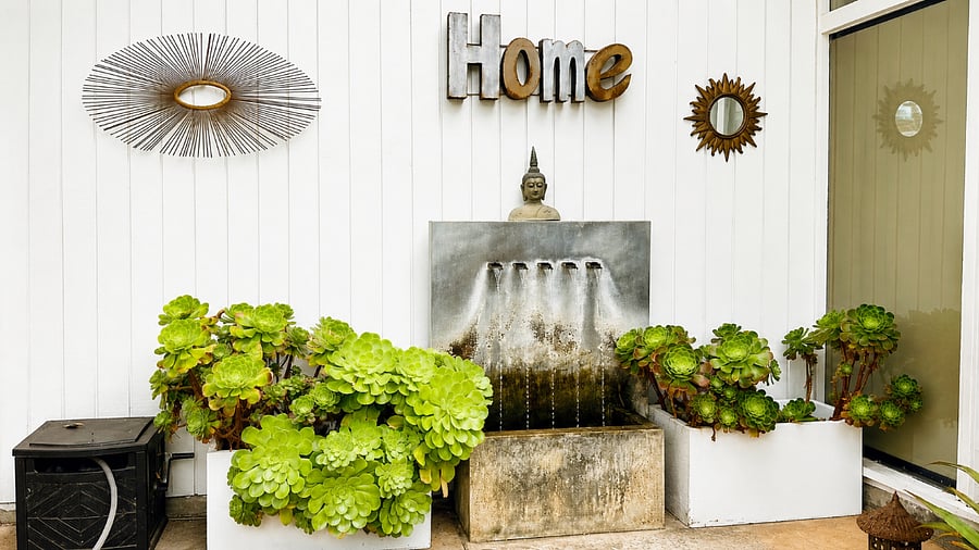 A gentle fountain welcomes you home with soothing sounds of water.  Hummingbirds love it too!