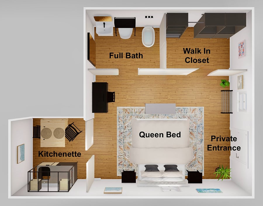Blueprint offers an approximation of the guest suite. Of course there are doors between these rooms!
