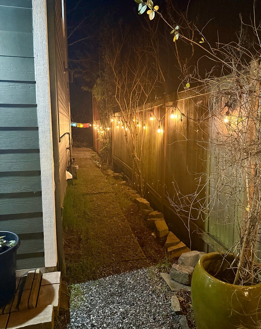 Lit pathway to the guest suite.