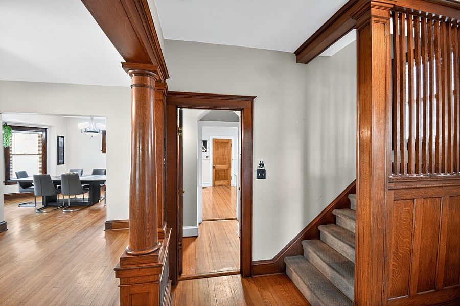 Bright and cozy lounge at our Pine Street home blending old world wood charm with modern comfort.