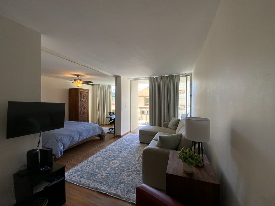 POCKET SLIDING DOORS CAN BE CLOSED TO SEPARATE LIVING ROOM AND BEDROOM