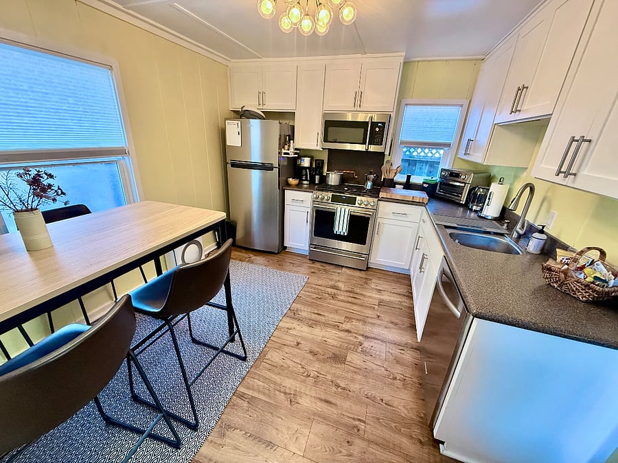 As of 2025, kitchen has upgraded appliances (refrigerator, microwave, range, dishwasher).