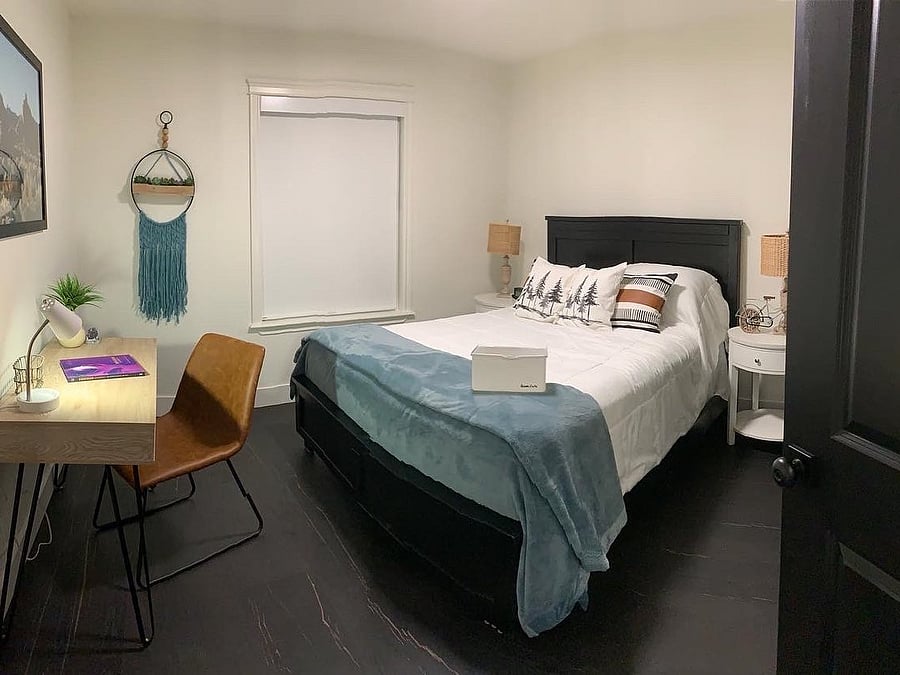 This is a listing for ONE private bedroom on main level of home. Furnishing options can be re-configured to suit tenant needs (ie: desk and chair instead of dresser, if desired in room, or dresser in room and use of desk and chair elsewhere in the home).