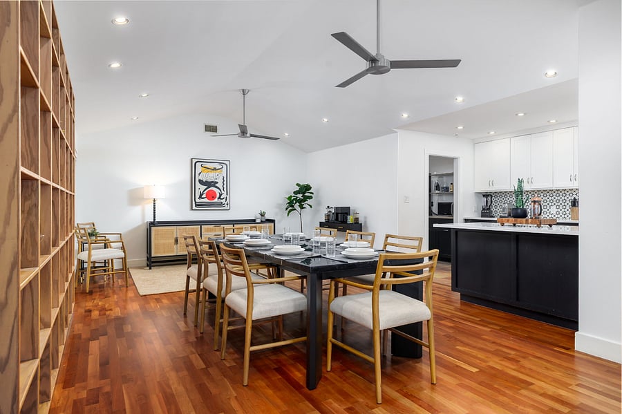 Gather around the dining table for home-cooked meals or takeout from nearby hotspotsseating for 8 and great flow into the kitchen.