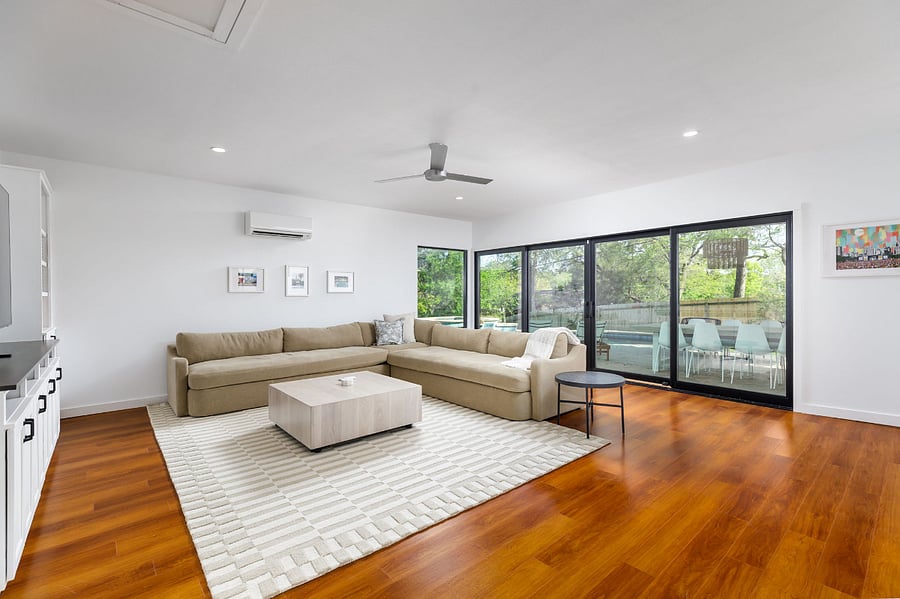Open, bright, and perfect for groupsthis second living space flows right out to the backyard and covered patio.