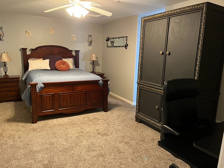 Primary room with full bathroom and walk in closet
(please note the room has been modified from this photo) updated wall decor and furnishings including an upgrade to King size bed