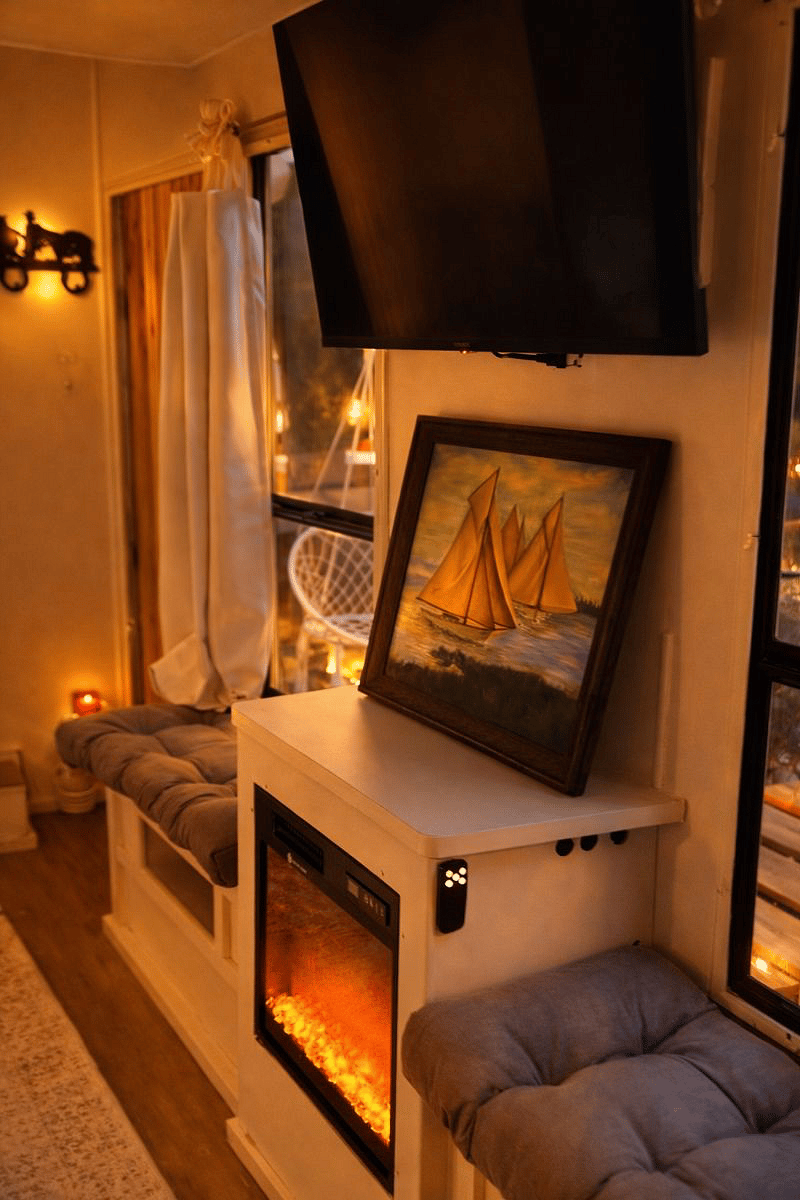 Casita 1 Living Room, Fireplace.
