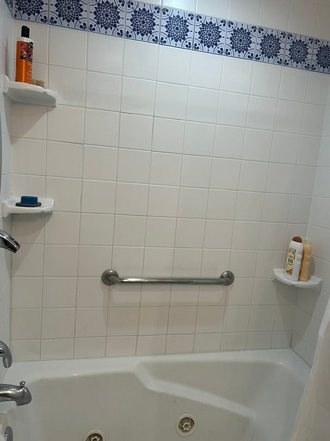 Main bathroom shower and whirlpool tub with grab bars