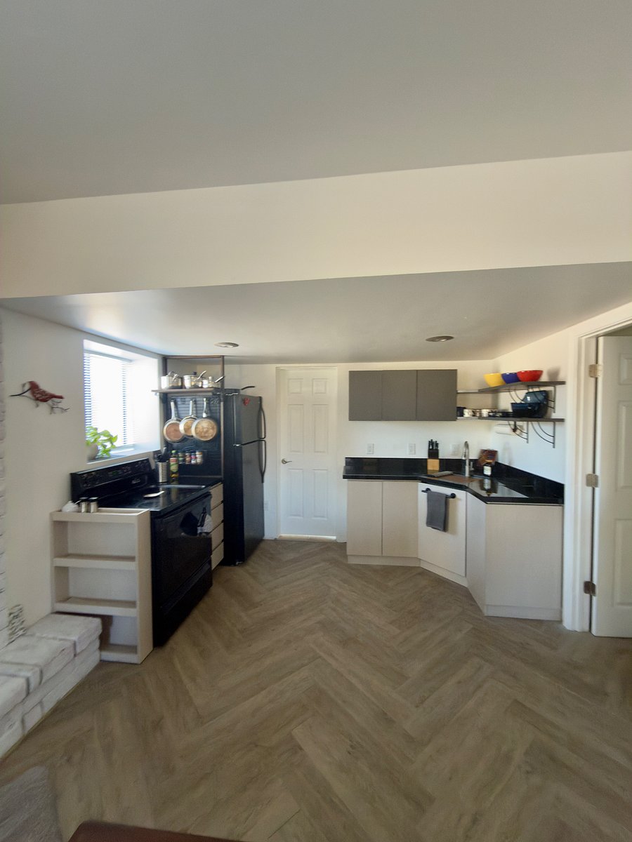 Full size refrigerator, stove and oven. Kitchen essentials, and starter food supplies